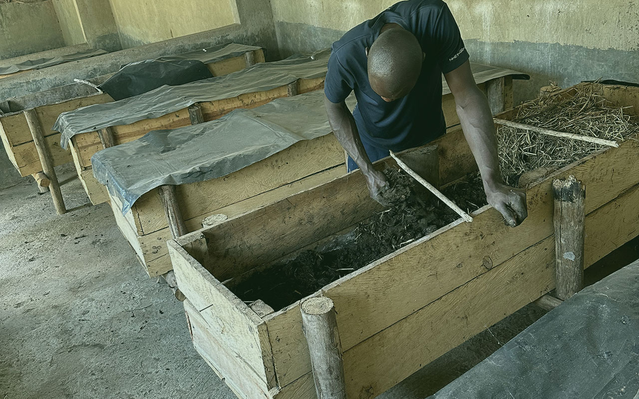 Trainer demonstrating organic farming techniques to a group of adult learners